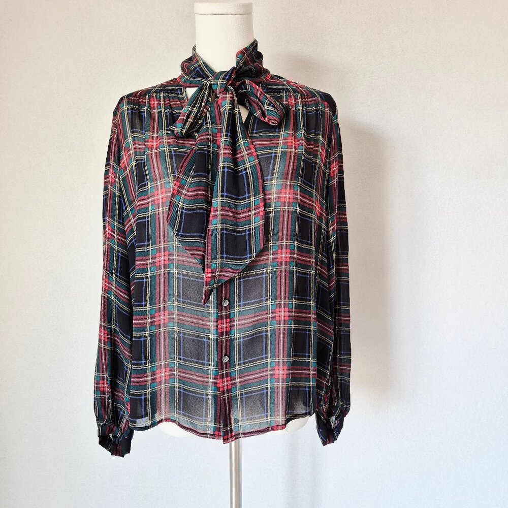 Polo by Ralph Lauren Black Navy Red Plaid Tie-Neck Blouse - Picture 3 of 13